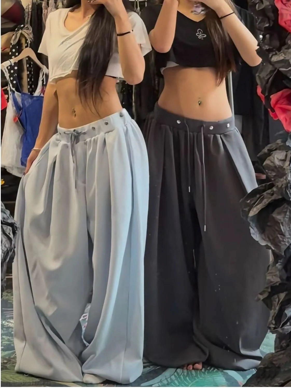 Retro American Style Rivet Waist Casual Loose Jazz Dance Wide Leg Pants Women's All-Match High Waist Straight Cut Trousers