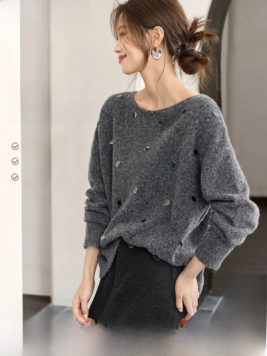 

Mehem Starry, мягкий, легкий, шерстяной свитер, ленивый свободный крой, осень 2023, ручная работа, украшенный бисером, верхний свитер