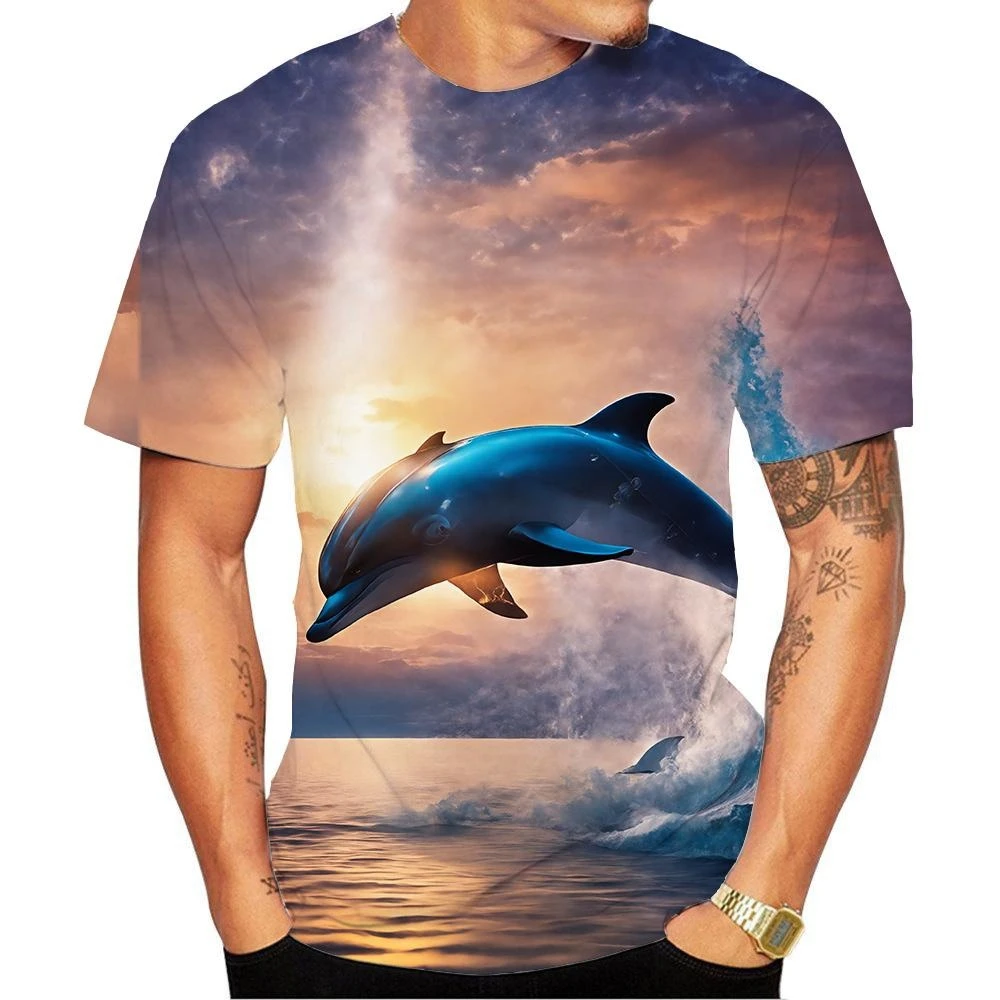 Smile Dolphin T Shirt Men Casual 3D Funny Dolphins Printed Short-sleeved T-shirt Cute Womens Clothing Kawaii Kid Top Tee Shirt