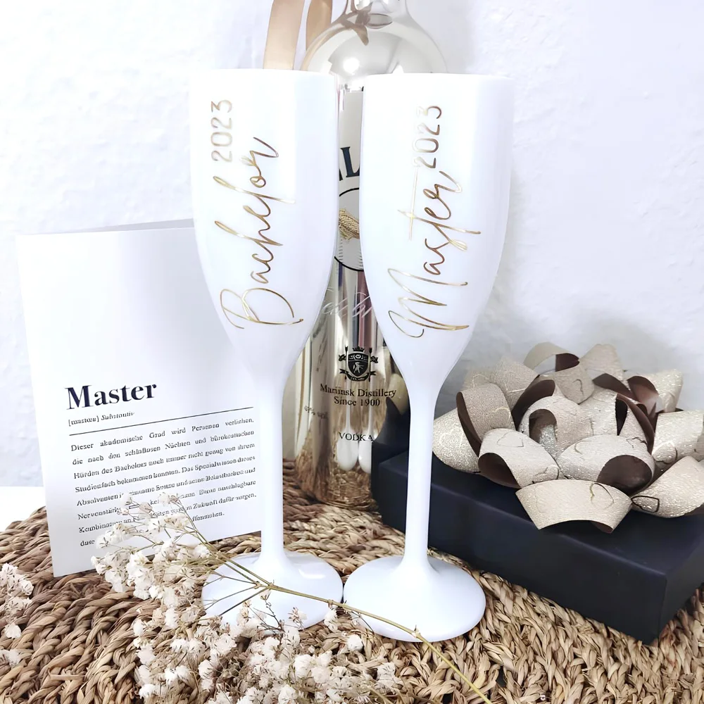 Personalised White Plastic Champagne Glasses, Custom Names, Bride, Bridesmaids, Champagne Glasses Wedding for Commemorative Gift