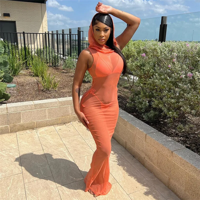 

2023 Spring/Summer Popular Women's Fashion Hooded Sexy Perspective Mesh Slim Fit Elegant Slim Solid Color Dress for Women