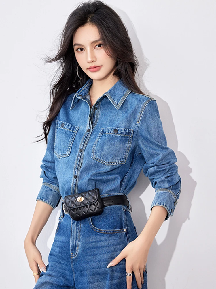 Denim Shirts for Women 2024 Autumn New Buttons Long-Sleeved Shirt Korean Style Loose Turn-down Collar Blouse