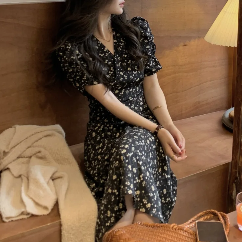 

Fashion M-4XL Large Size Long Dress Women Summer Slim French V-neck Lace Up Flower Short Sleeve Black Dresses Female Clothing