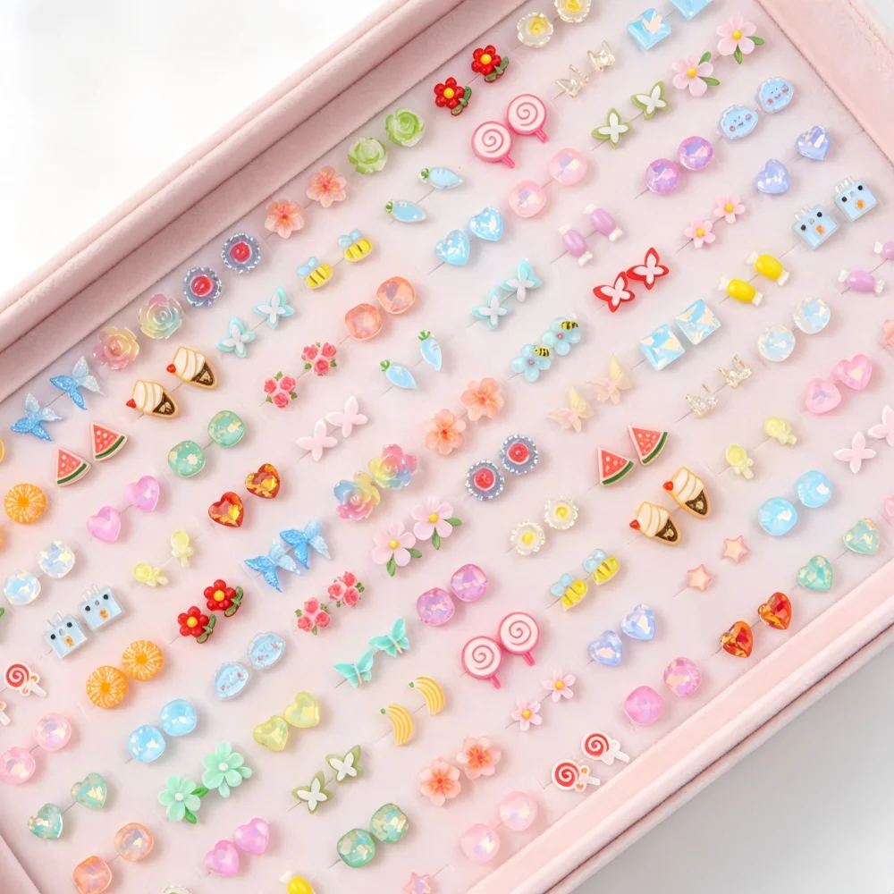 19/24/30/36Pairs Cute Resin Cartoon Stud Earring For Women Girls Fruit Candy Flower Butterfly Mix Sweet Jewelry Daily Gifts