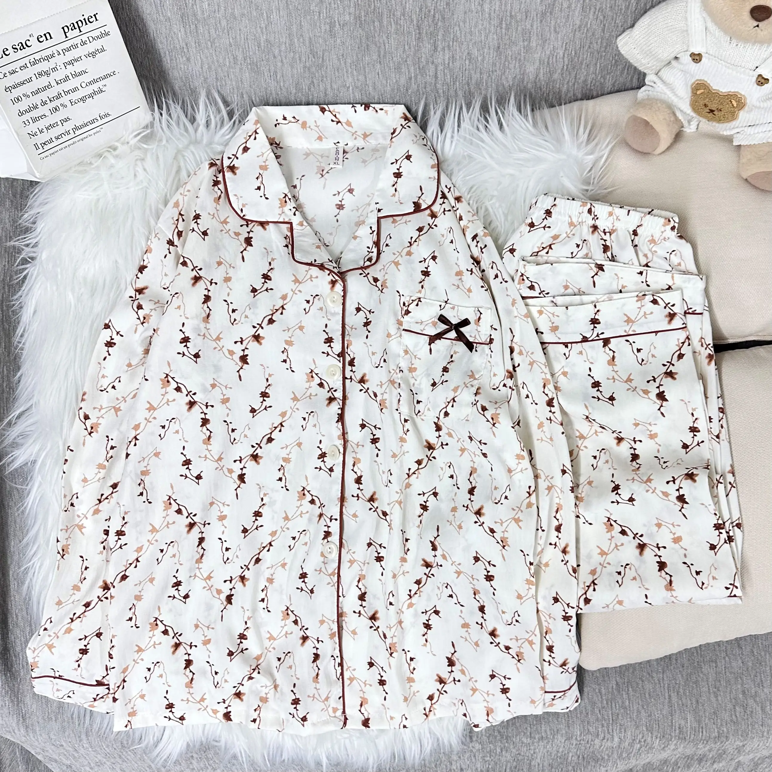 Japanese Cute Kawaii Small Cherry Pajama Set Long Sleeve Women's Soft Sleepwear Home Outfit Loungewear Nightwear Spring Autumn​