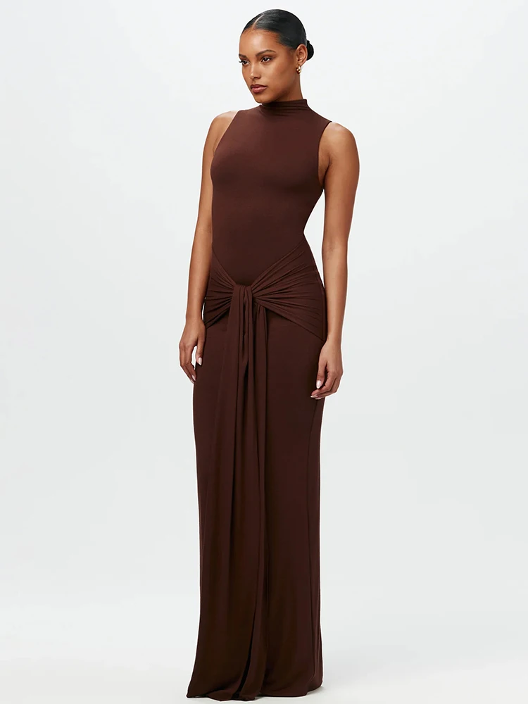 Sibybo Fashion Elegance Sleeveless Ribbon Long Dress Basics Solid Color Skinny Robe 2024 Temperament Women Club Party Dress image 5
