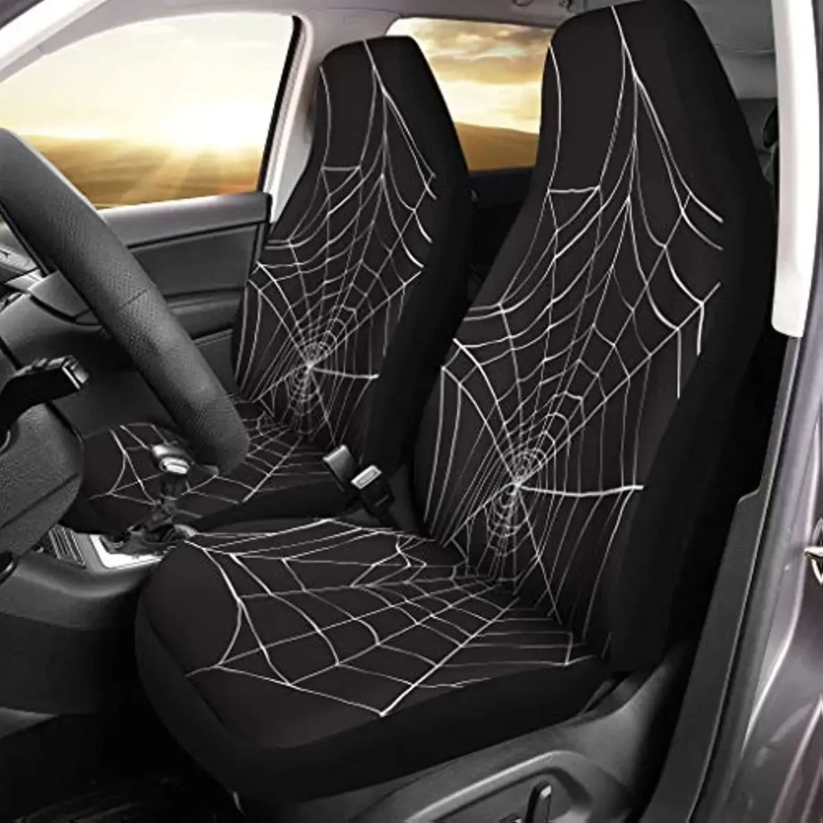 Pinbeam Car Seat Covers Halloween White Spider on Dark Spiderweb Pattern Animals Arachnid Set of 2 Auto Accessories Protectors