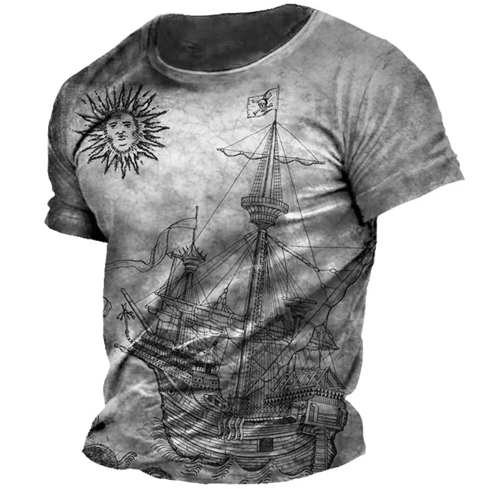 Men\'s T Shirt Vintage 3d Print Nautical Map Compass T-Shirt Round Neck Short Sleeve Male Top Casual Harajuku Tee Loose Clothing