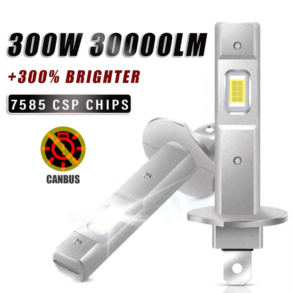 

H1 Светодиодная фара 300 Вт 30000LM Plug&Play Беспроводная безвентиляторная мини-автомобильная лампа 6000K 7585 CSP Чип Canbus Автоматическая лампа Светодиодная противотуманная фара 12 В
