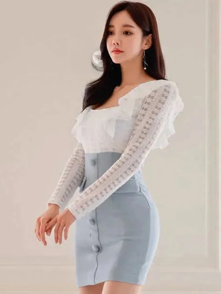 Elegant Office Lady Dress White Lace Square Neck With Ruffle Edge Full Sleeve High Waist Patchwork Blue Tight Mini Dress Women