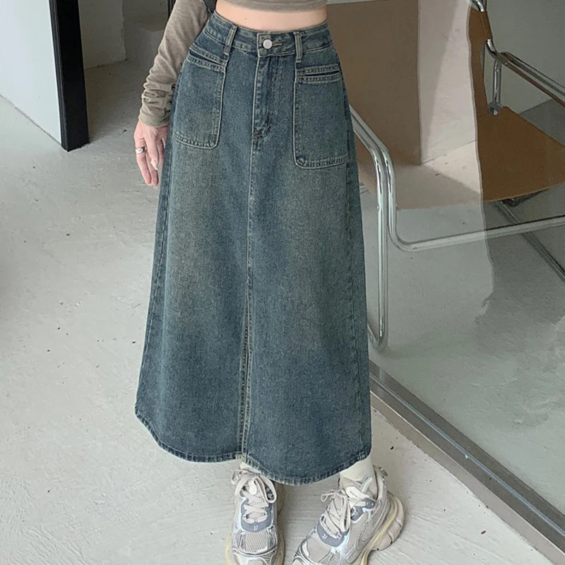 

Blue Slim A-Line Skirt Female Summer 2024 Pocket Washed Mid Length Skirt High Waisted Split Denim Skirt Women