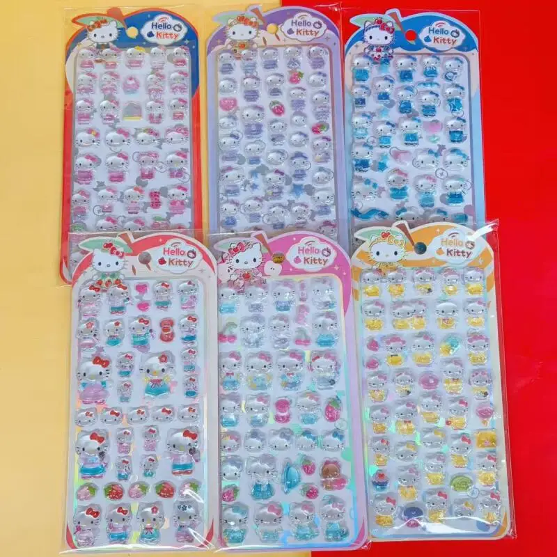 

6 шт. мультяшных наклеек Sanrio Hello Kitty с милыми котиками, красочными элементами одежды, прозрачной кристаллической текстурой и рельефным узором для украшения чехлов для телефонов, подарок