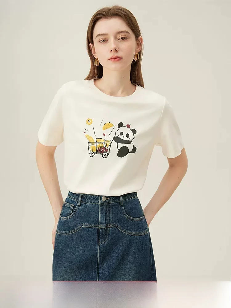

Футболка с принтом Happy Panda Fansi Lanen 24FS12136, универсальная летняя новинка, женская хлопковая футболка с круглым вырезом, длинными рукавами и прямым кроем