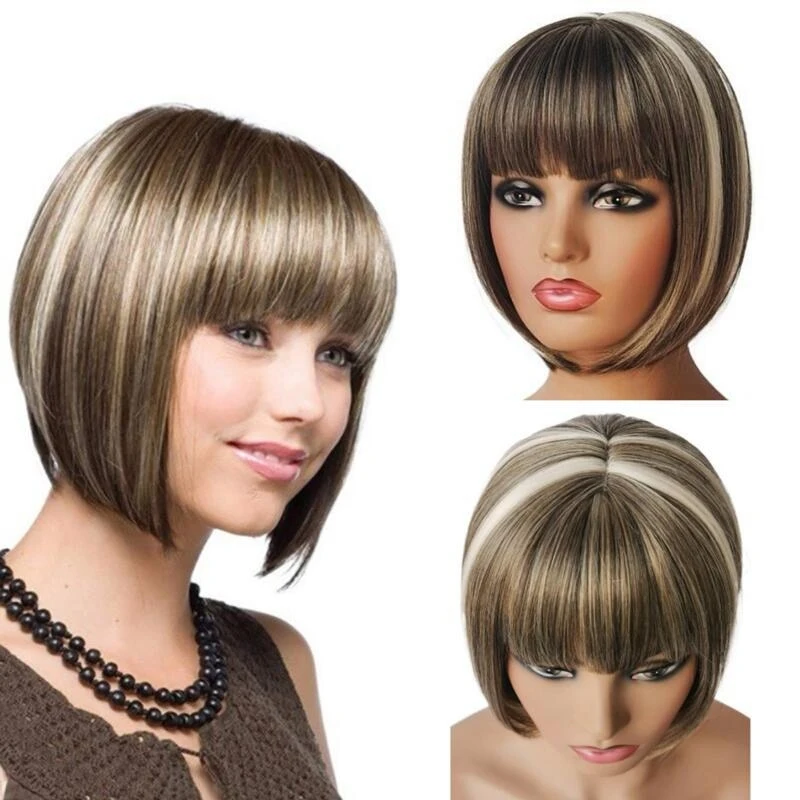 

Women's short straight hair , bobo style, simulated scalp, light brown wig with bangs