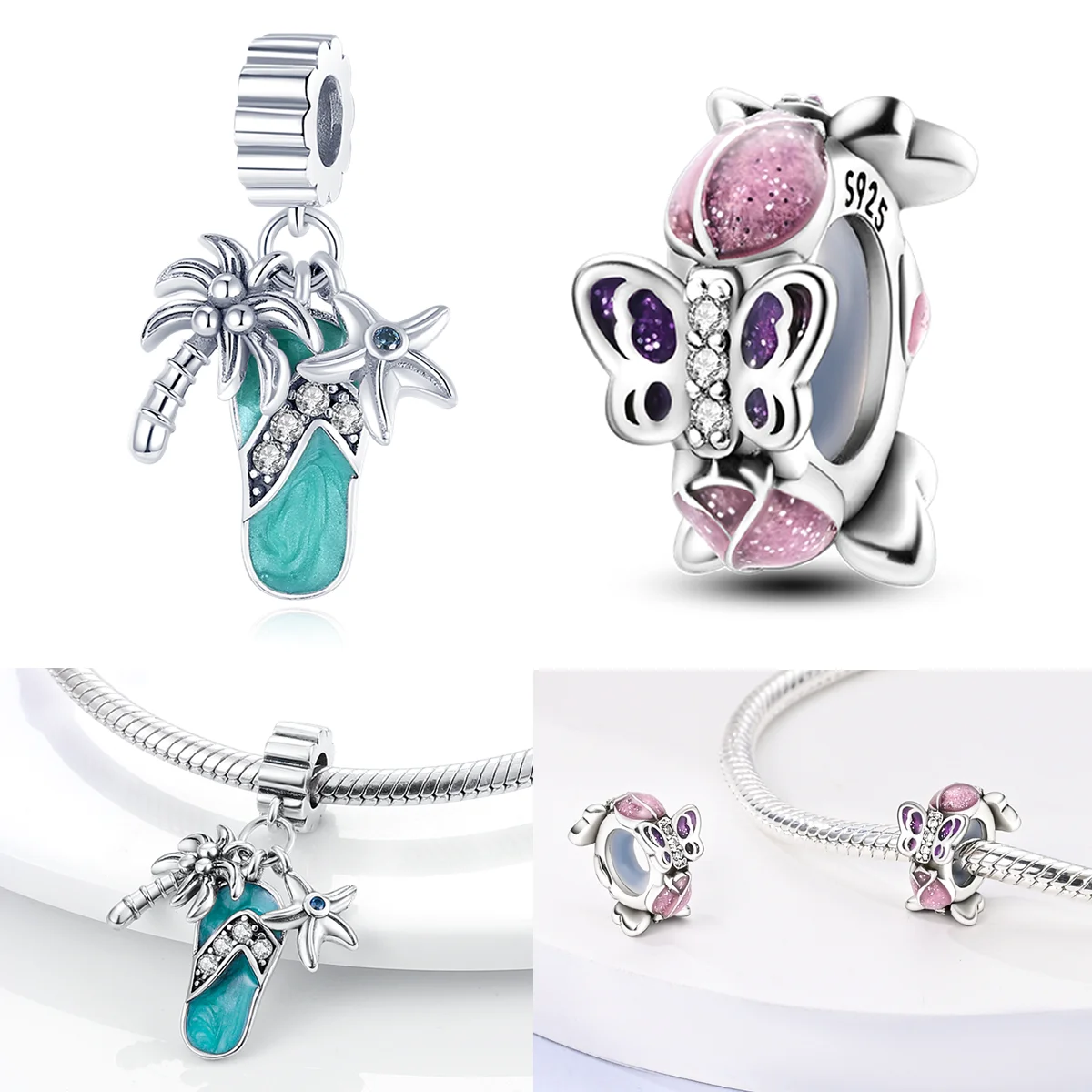 

925 Sterling Silver Beach Coconut Tree Starfish Slippers Charms Bead Tulip Butterfly Stopper Clip Fit Original Bracelet Jewelry