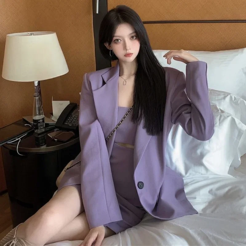 2024 Mini Two Piece Set for Women Suit with Skirt and Blazer Outfit Womens Short 2 Sets Purple Long Sleeve Summer Festival Korea