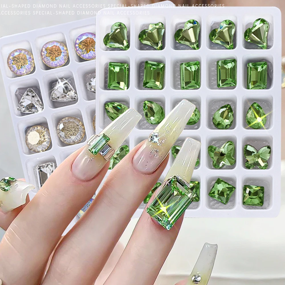 25 Stück 3D-Glas bunte Kristall-Strass-Nagel-Charms mit spitzem Boden, Herz/Oval/Quadrat, Edelstein-Schmuck, Diamant-Dekoration