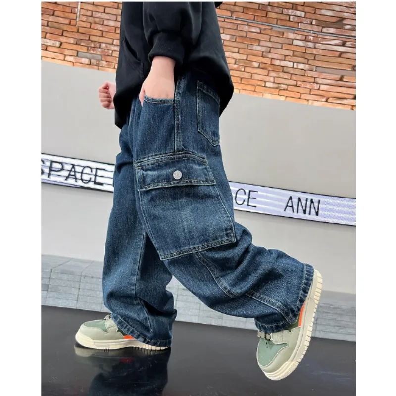 

2025 New Korean Edition Children's Heavy Industry Jeans Boys' Versatile Fashion Straight Pants Trendy Style