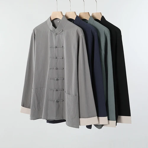 Imagen 1 del producto Camisas de manga larga para hombre, camisas de retazos de estilo chino tradicional, uniforme de Kung Fu de algodón, blusa Hanfu, novedad de 2024