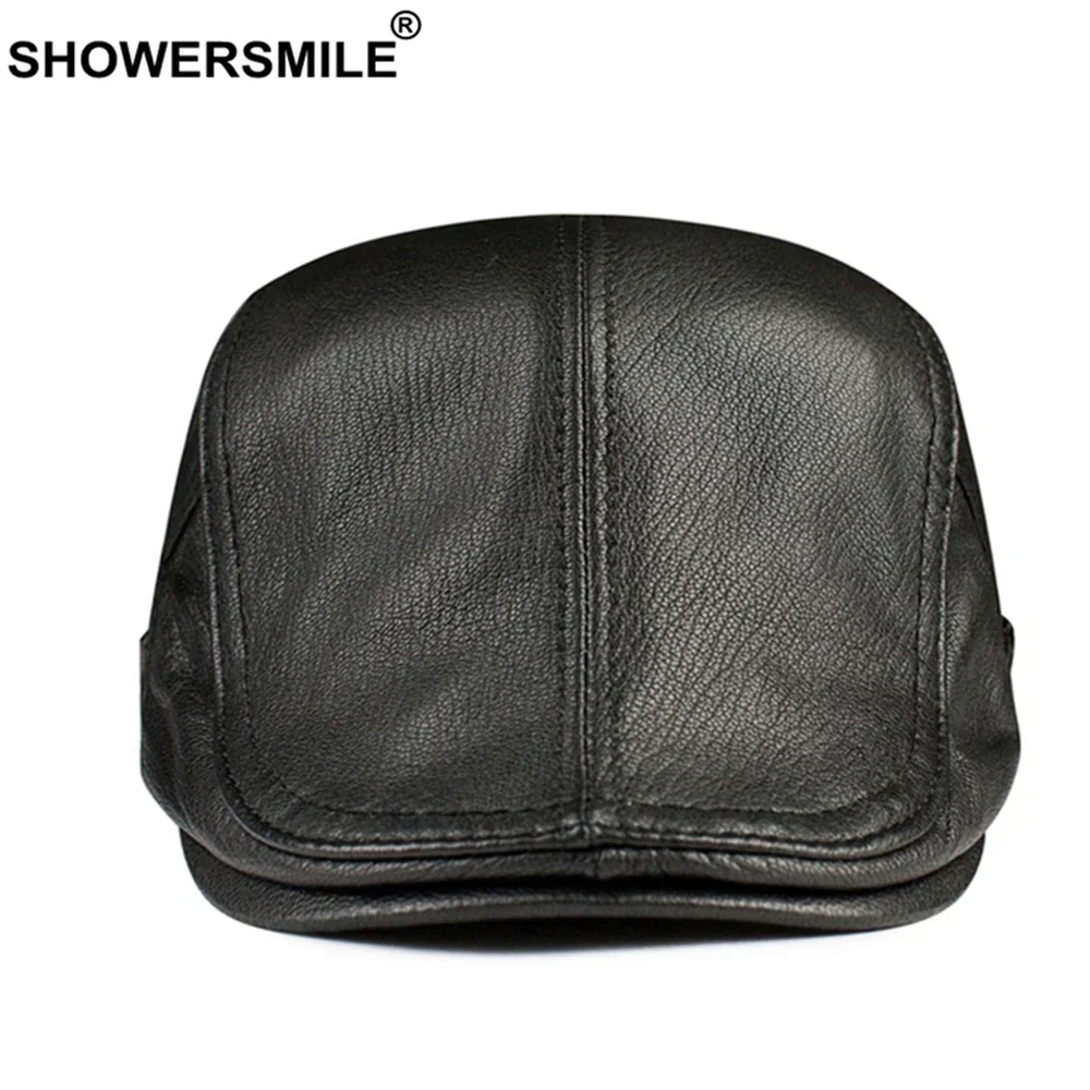 

SHOWERSMILE Black Winter Hats for Men Flat Cap Genuine Leather Newsboy Cap British Style Cowskin Adjustable Brown Mens Beret