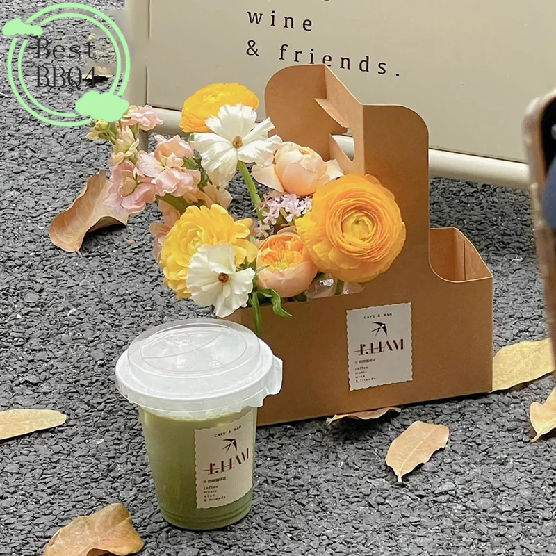 (BBQ4)10pcs Portable Flower Gift Bag Kraft Paper Holder Coffee Cake Dessert Packaging Box Photo Favor Drink Carrier With Handle
