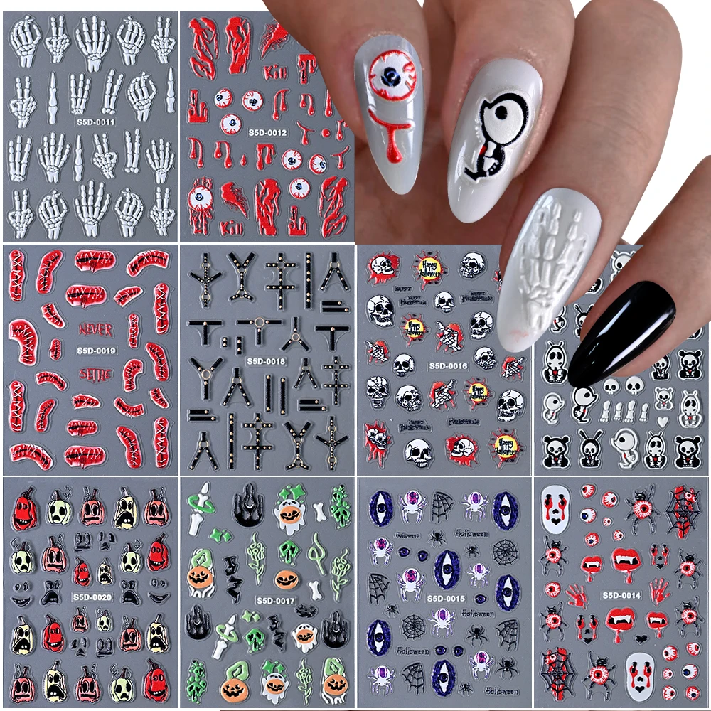 1pc 5D レリーフハロウィンネイルアートステッカー不気味なスケルトンハンドカボチャ悪魔の目デザイン DIY 粘着スライダーデカール装飾
