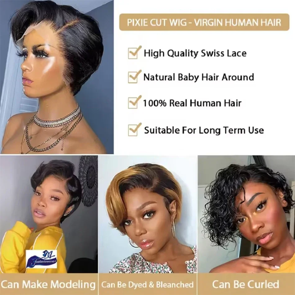 Burmese Hair Side Part Pixie Cut Straight Wigs Short Bob Hair Wig 100% Human Hair 13x4 Lace Front Human Hair Wigs Natural Color - Image 5