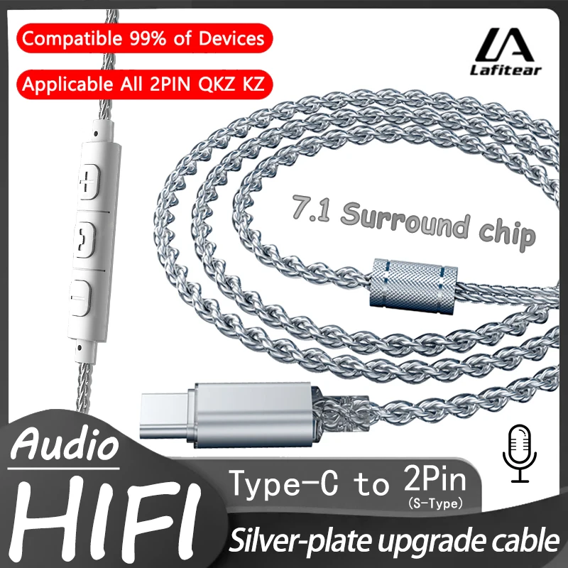 New Lafitear Type-C Digital Earphone Upgrade Cable Silver-Plated S-Type 2 PIN HIFI V7.1 Stereo Compatible With Samsung IPhone 15