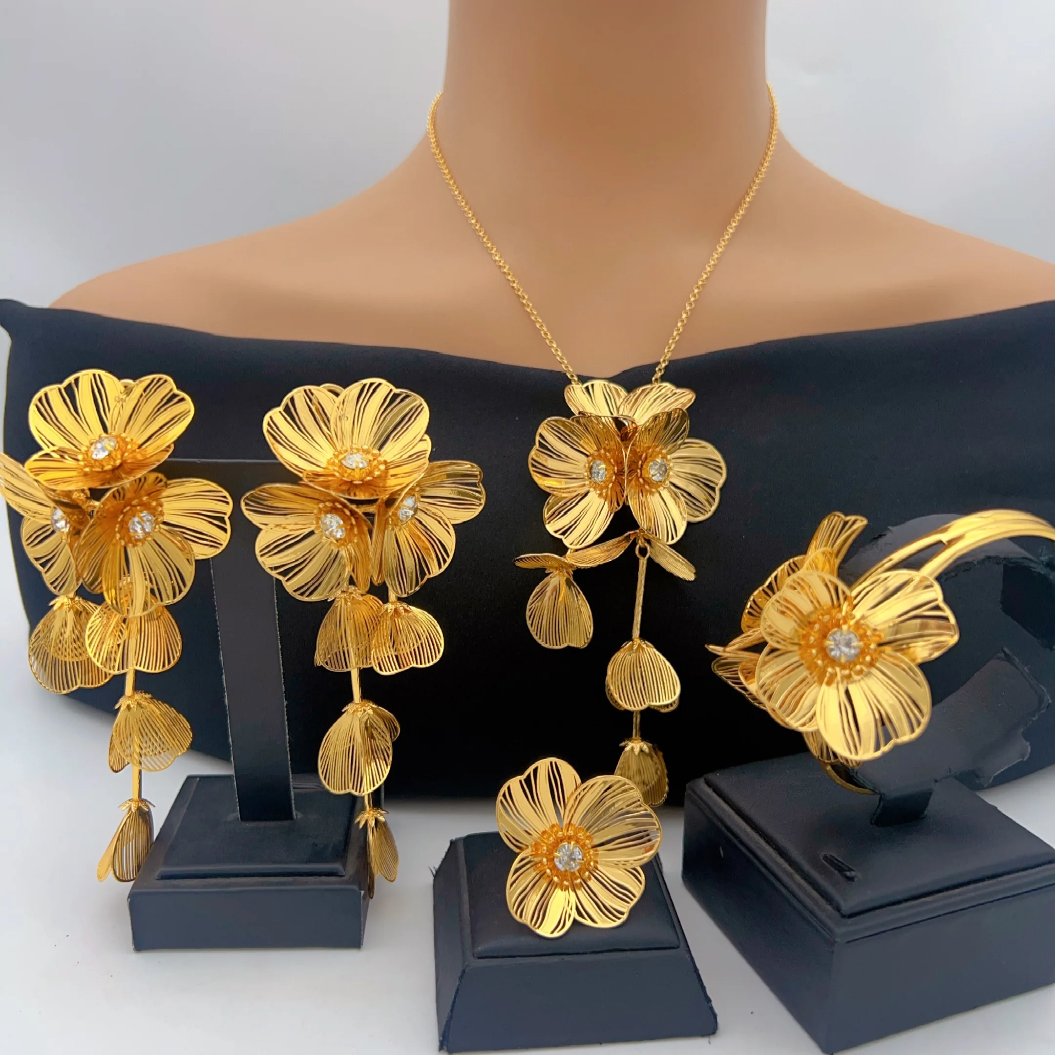 Brazilian 24K Gold Color Jewelry Sets Wedding Dubai Flower Necklace Earrings For Women Nigerian Indian Bridal Set Party Gifts