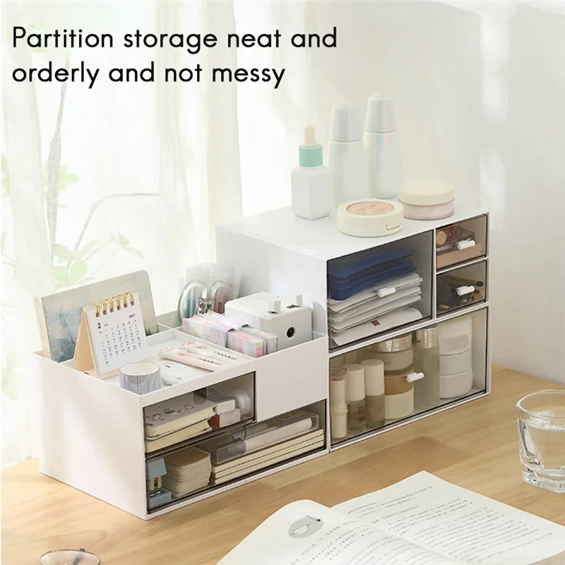 Desk Organiser Plastic Makeup Storage Vanity Organiser With 2 Drawers And 4 Compartments, Desk Organiser