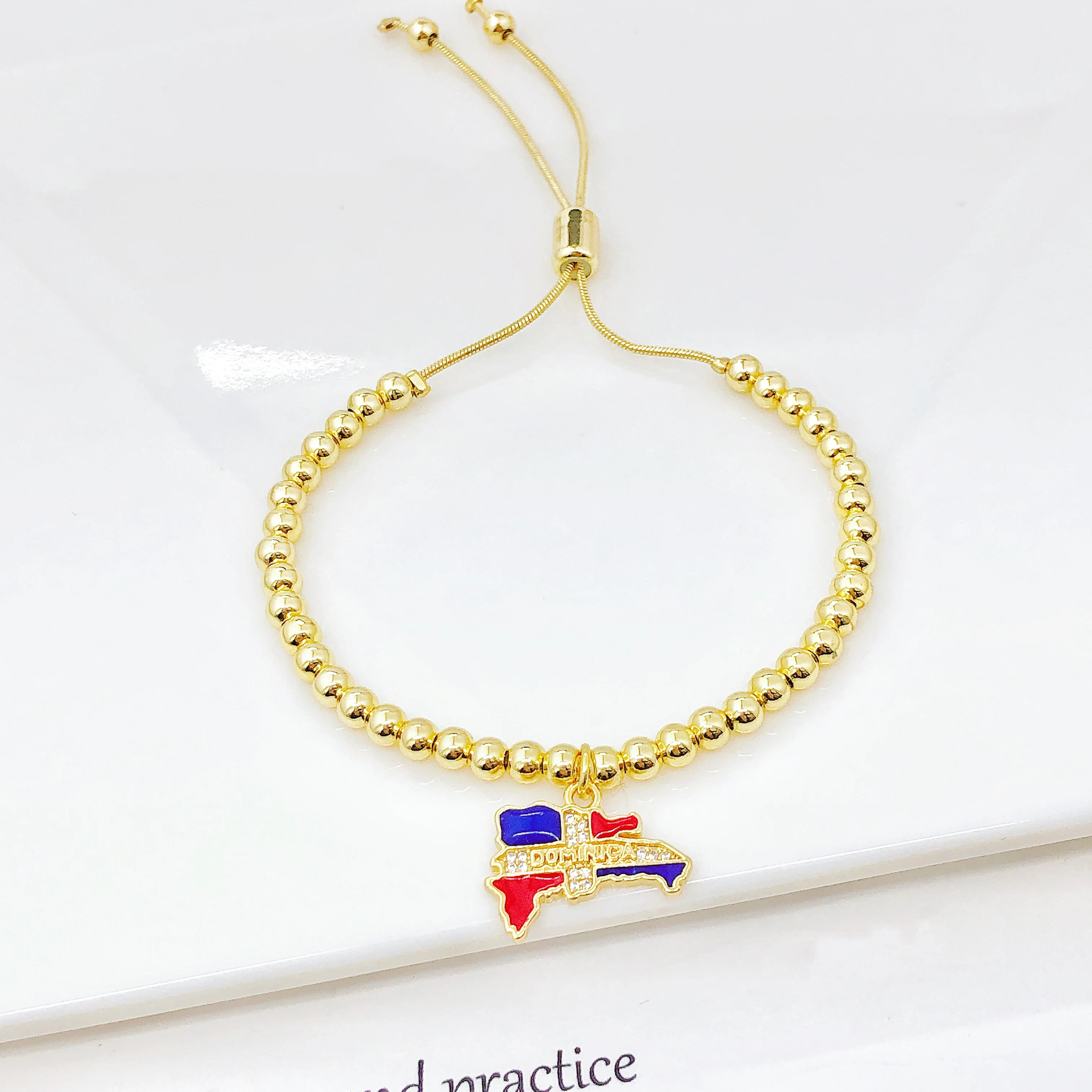 Gold-Plated Copper Bead Chain Venezuela Colombia Dominican Map Flag Bracelet Classic for Men Women Holiday Anniversary Jewelry