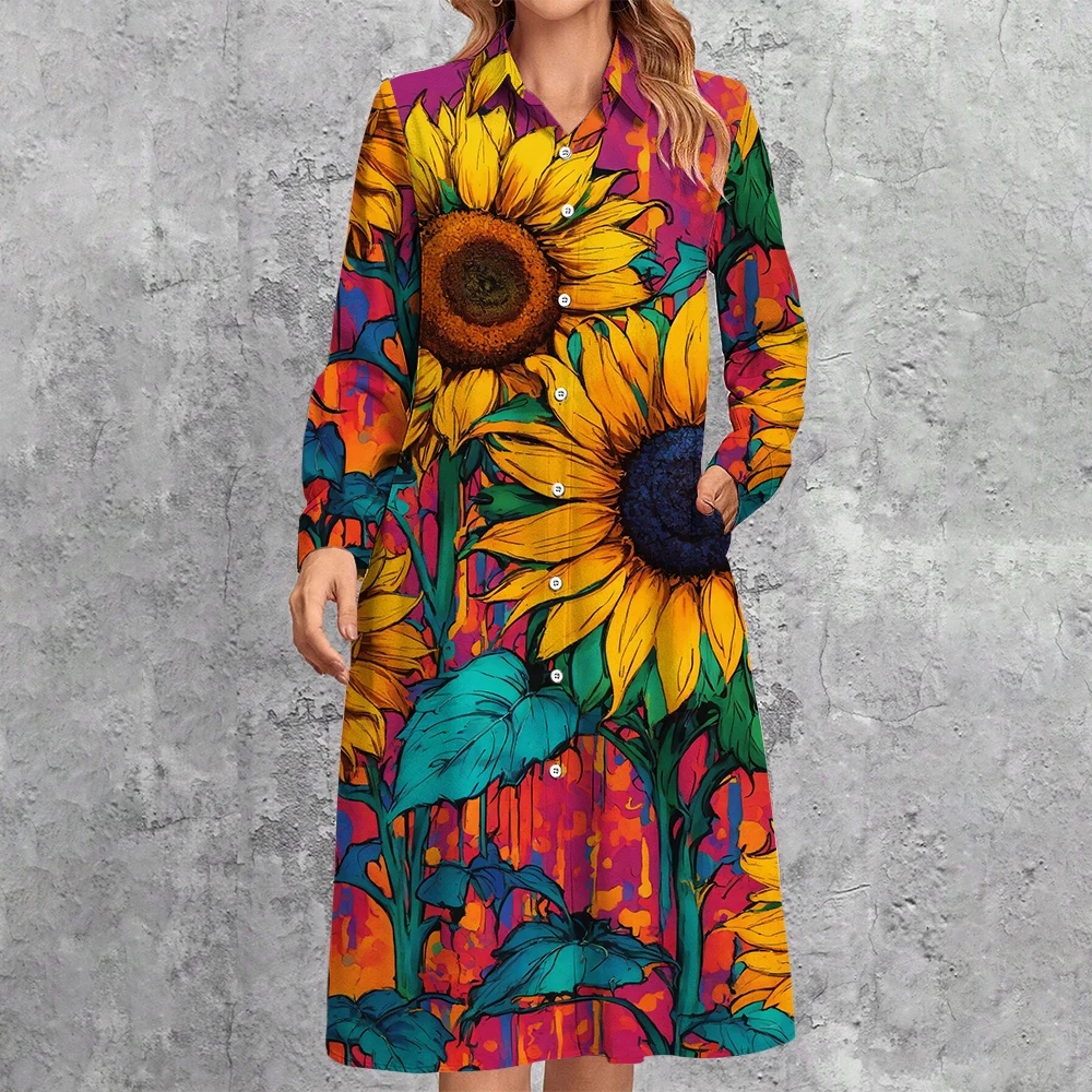 Elegant Colourful Sunflower Print Button Shirt Dress 2024 Women's Lapel Long Sleeve Dresses Single-breasted Cardigan Maxi Dress