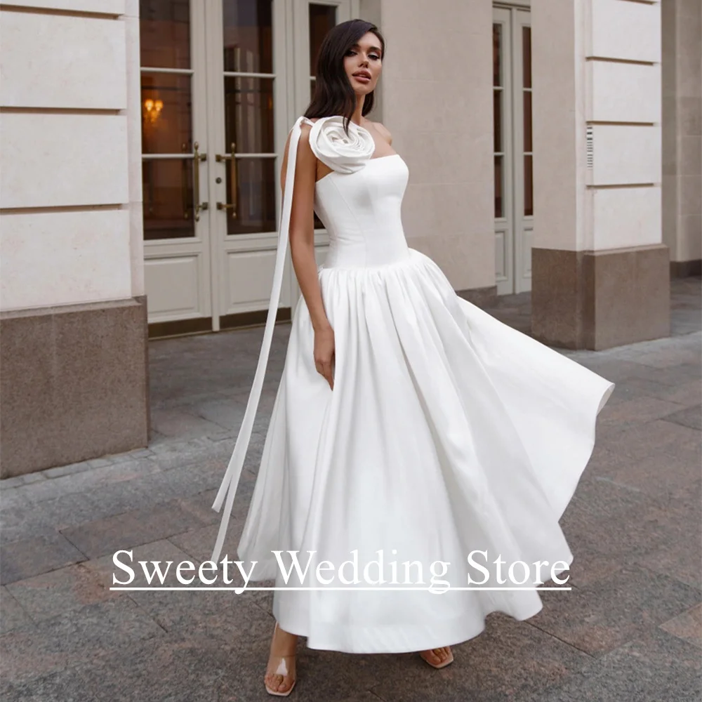 

Woman Wedding Dress Vestido De Noiva Customized Strapless Sleeveless Draped A Line Satin Bridal Gown for Bride Ankle Length