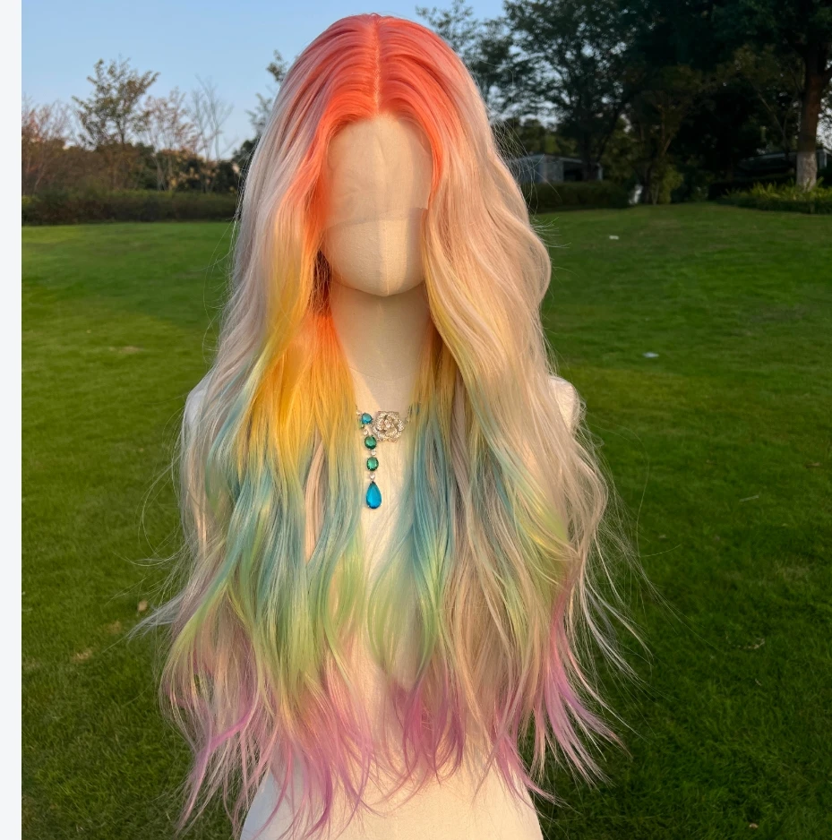 European and American rainbow gradient highlight dyed curly Long Natural front lace wig Colored party heat-resistant wig