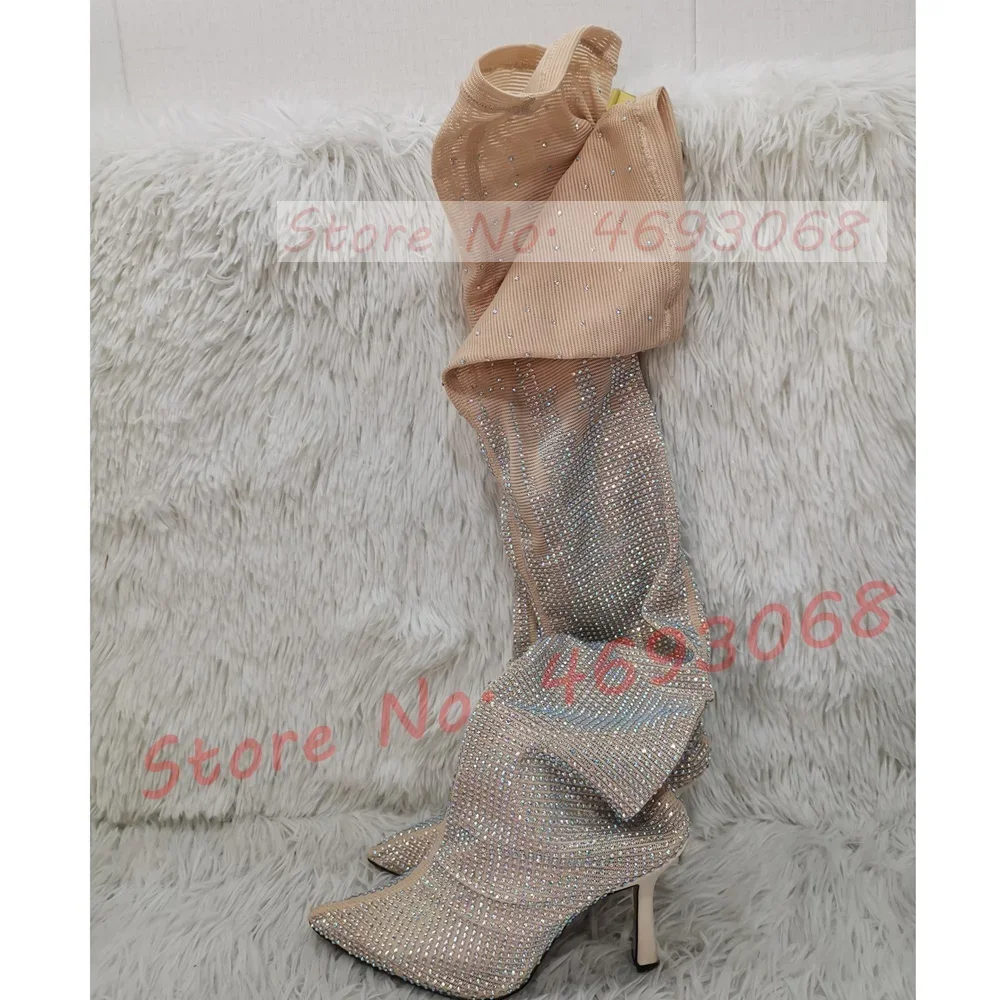 Crystal Stretch Mesh Long Boots Women Gorgeous Sparkly Studded Wedding Party High Heels Female Elegant Pointy Thigh High Shoes