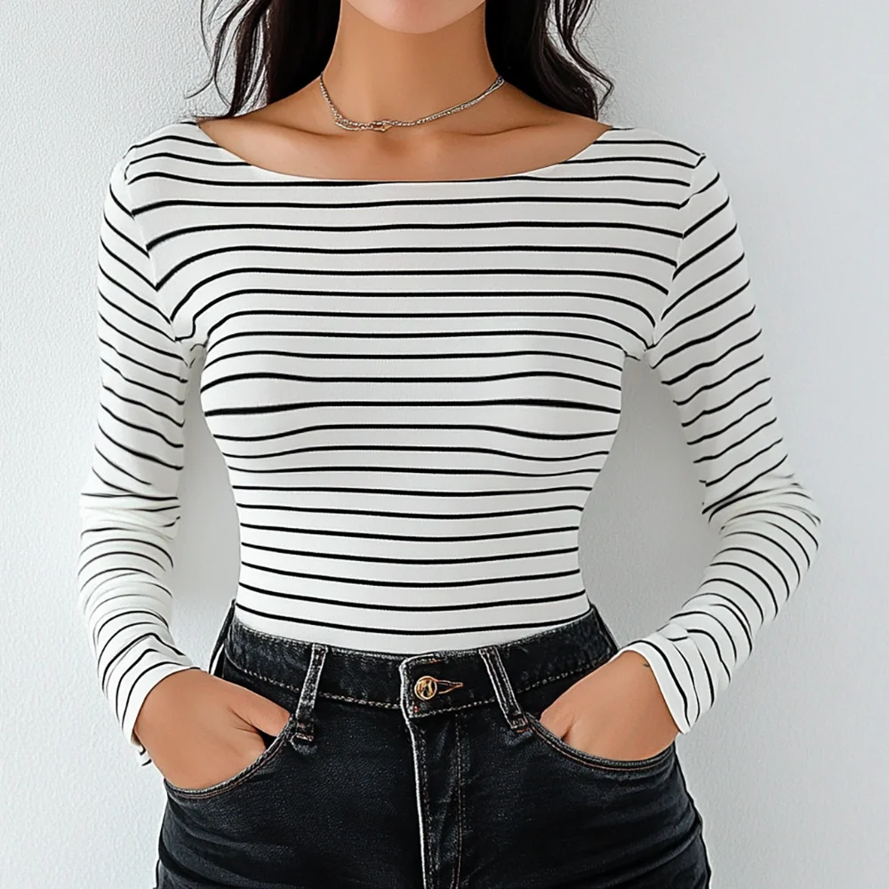 Mia Muse Women's T-Shirts Autumn Simple Stripe Long Sleeve Boat Neck Regular Casual T-Shirts