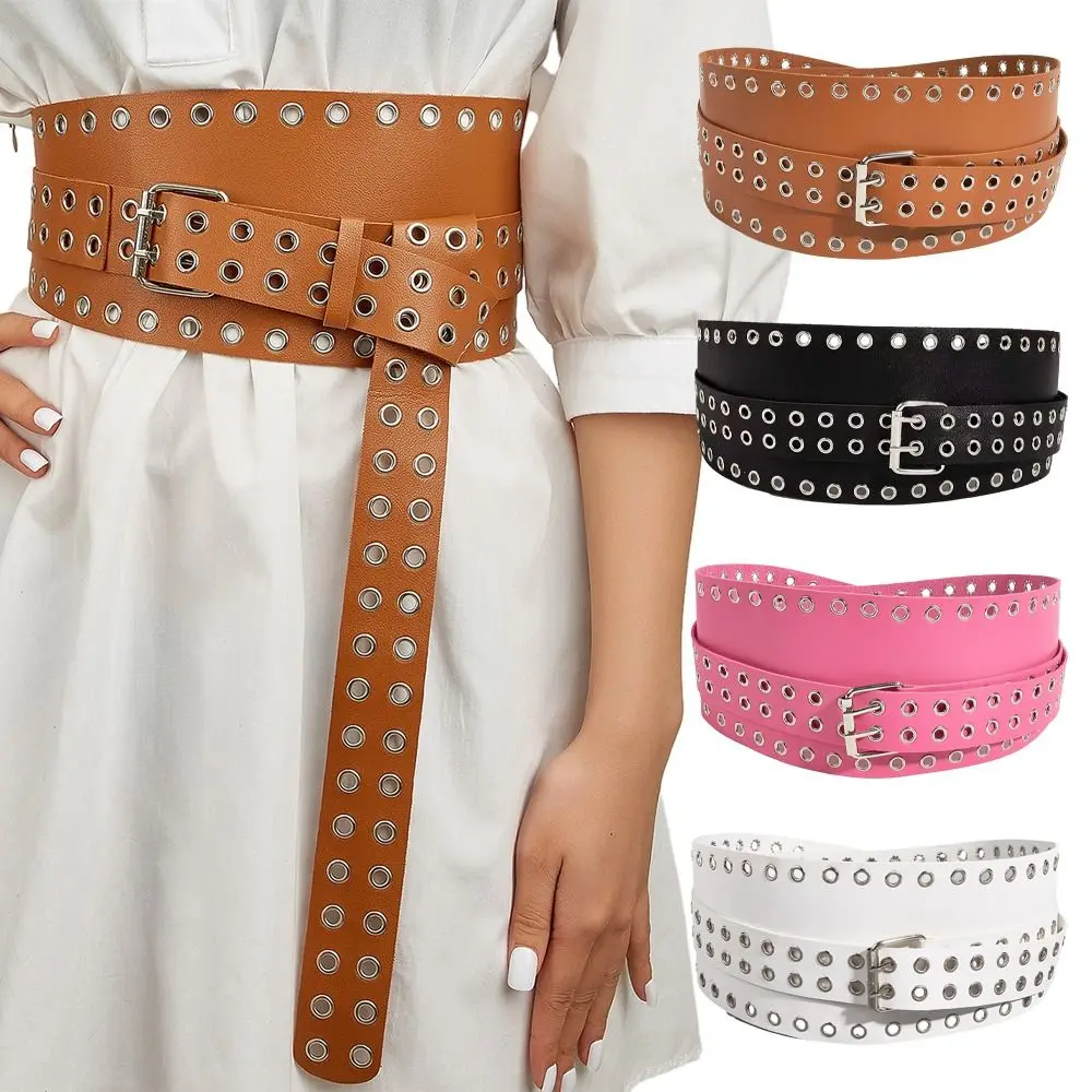 

Fashion Irregular PU Leather Metal Buckle Waistbands Female Dress All-match Double Grommet Hole Waist Belts Overcoat Decor