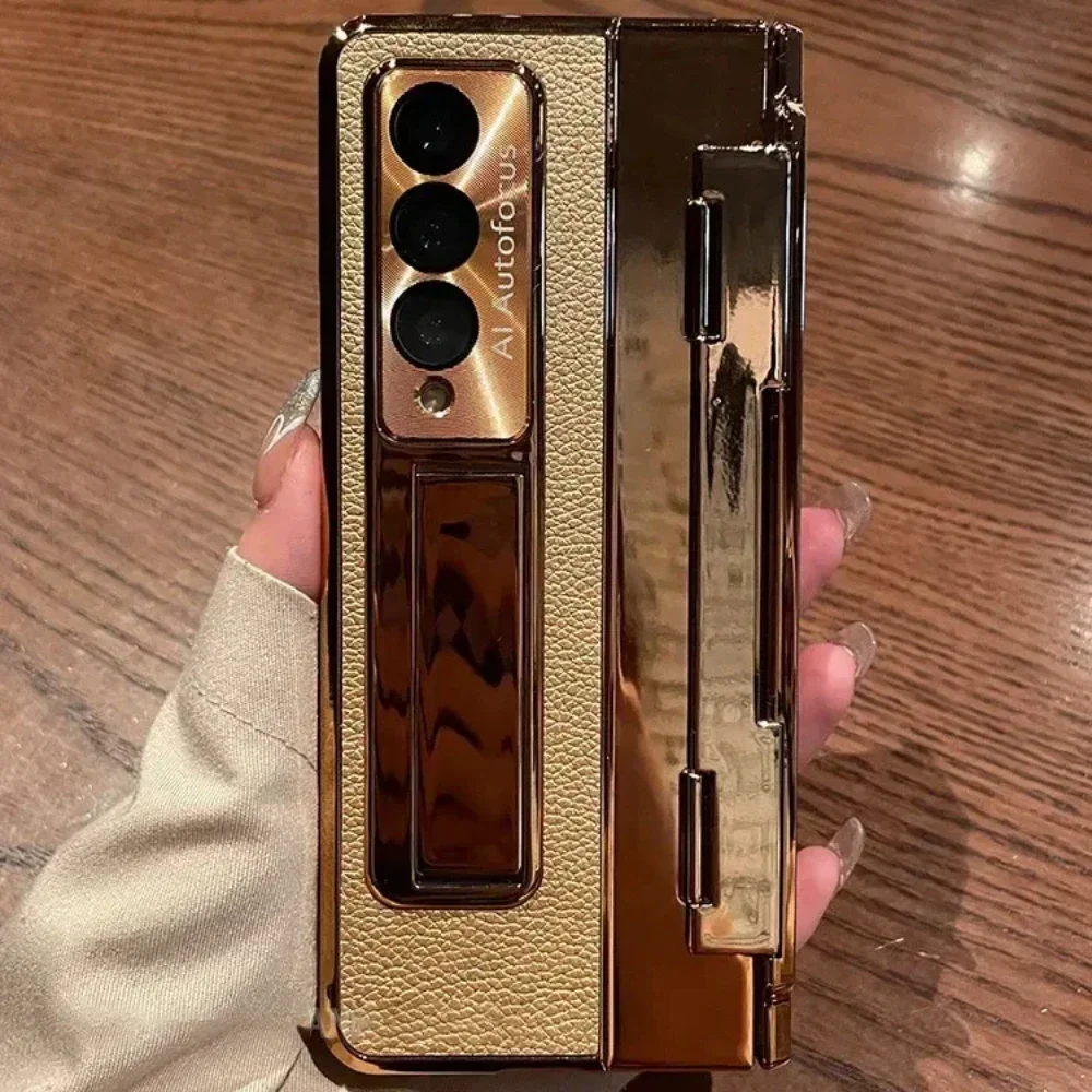 With Screen Protector Luxury Leather Case for Samsung Galaxy Z Fold 6 5 4 3 5G One-Piece Plating Stand Shockproof Cover Gold