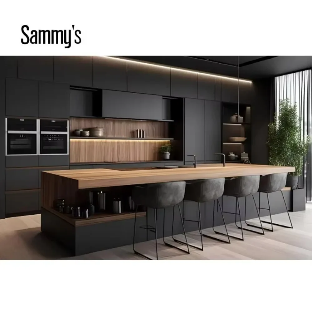 Custom Luxury Modern Kitchen Set Wood Grain MDF Moisture-resistant Fitted Frameless Kitchen Cabinet Island Set Bulk Supplier