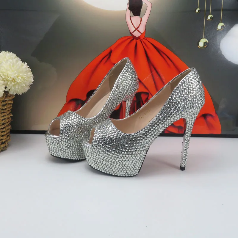 BaoYaFang Brand Silver Bridal Wedding shoes for Women 14cm Super High Heel Pumps Thin Heel Open Toe Female Party Shoe Ladies