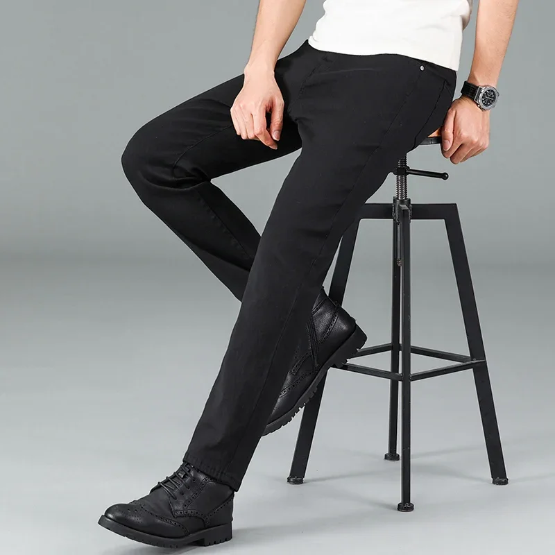 

Men's pure black jeans Korean version trendy straight fit pants men's comfortable and elastic classic business jeans Male Pants