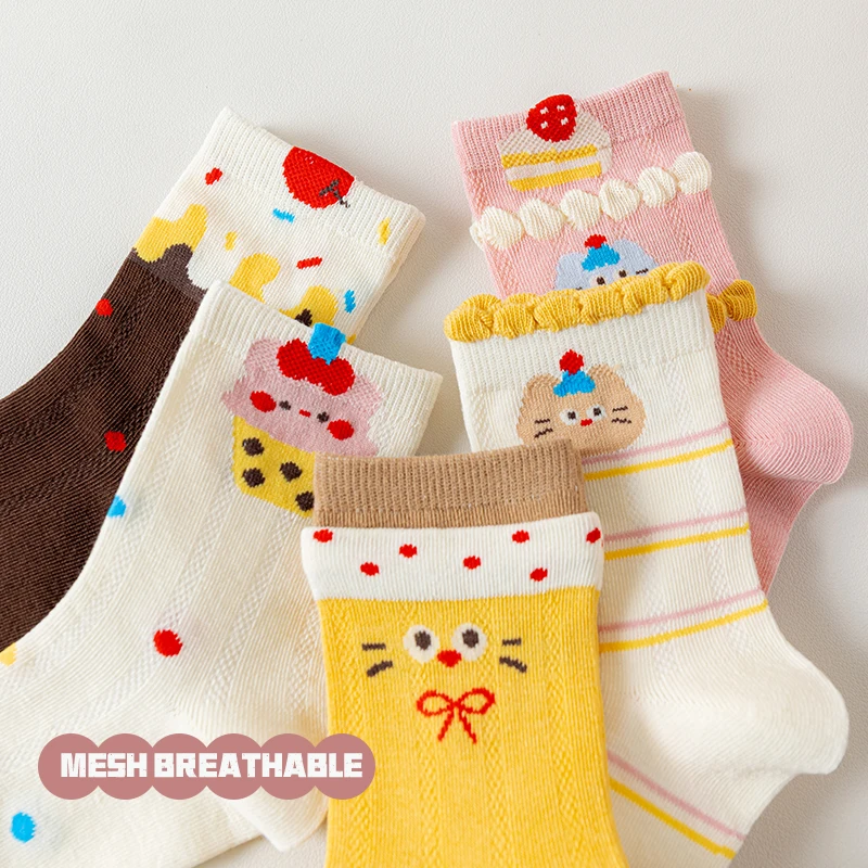 5 Pairs Cute Cartoon Kids Socks Summer Thin Mesh Breathable Pure Cotton Girls Mid-Toddler Big Kids Mid-Calf Socks