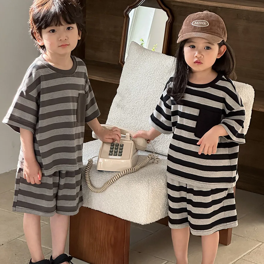 2026 Summer Unisex Kids Striped Tee & Shorts 2Pcs Set Casual Daily Outdoor Breathable Soft Toddler Neutral Matching Outfit