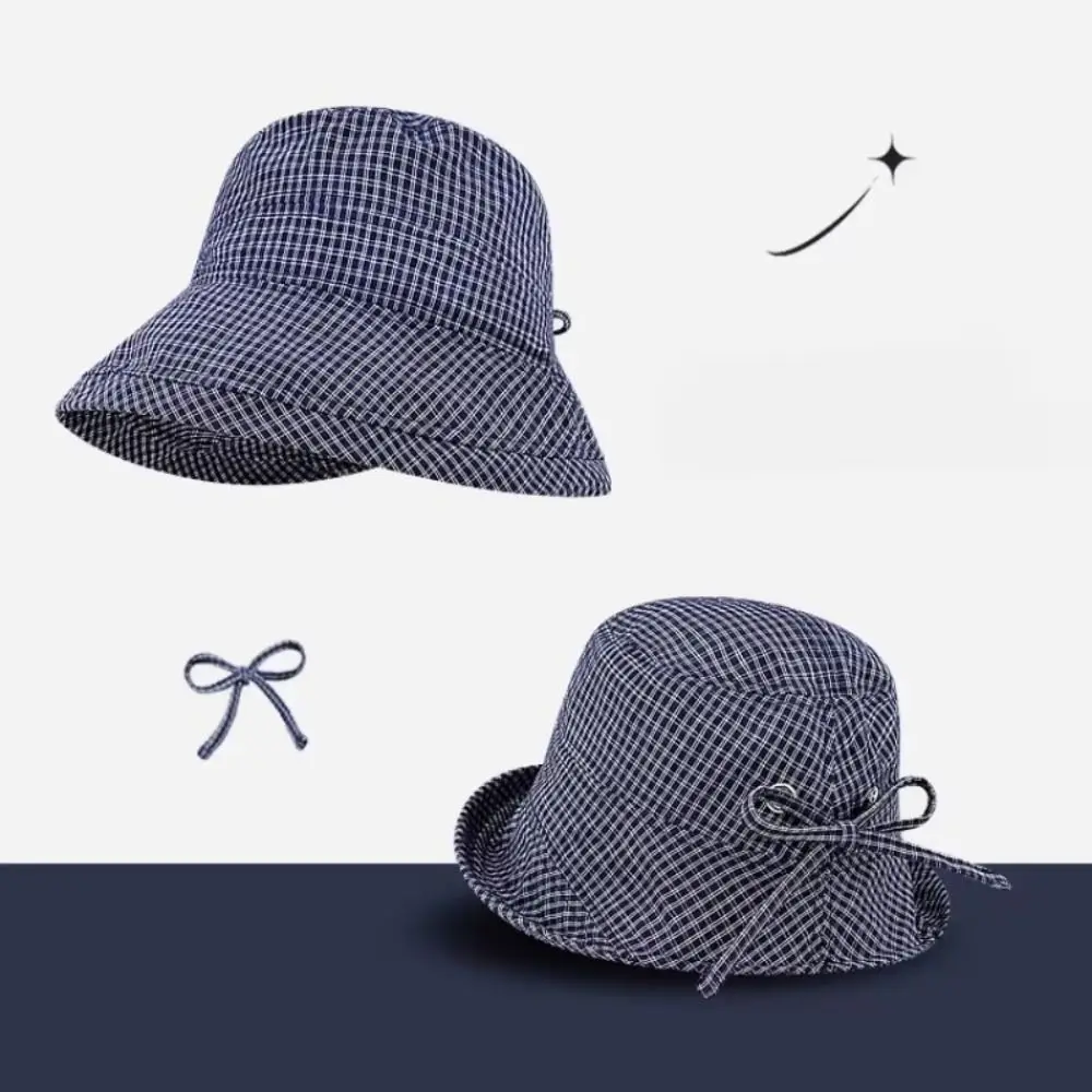 

Japanese Summer Plaid Bucket Cap Curled Quick-dry Plaid Sun Hat Foldable Bow Fisherman Caps Outdoor