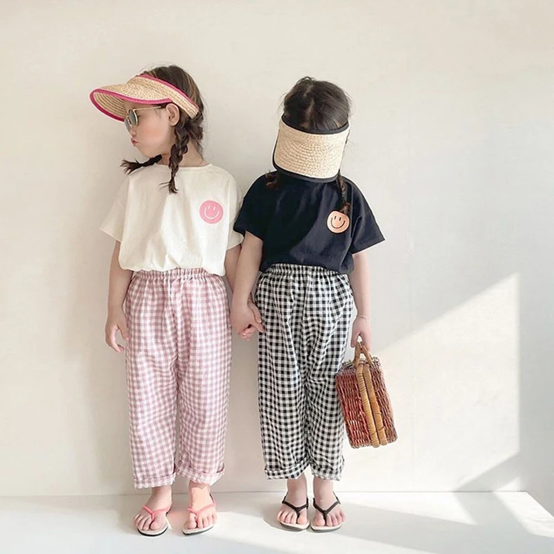 

Summer Kids Clothes Set Thin T-Shirt And Plaid Trousers 2Pcs Suit For Baby Boys Girls Children Cotton Outwear