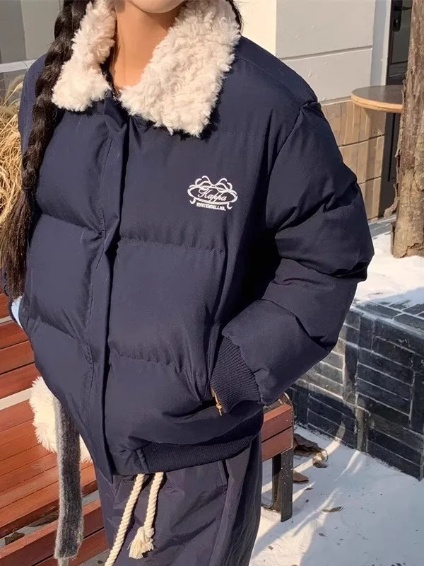 

plus Size Women's Retro Lamb Fur Collar Cotton Jacket Warm Bread Style Coat Loose Fit Slimming Winter New Arrival