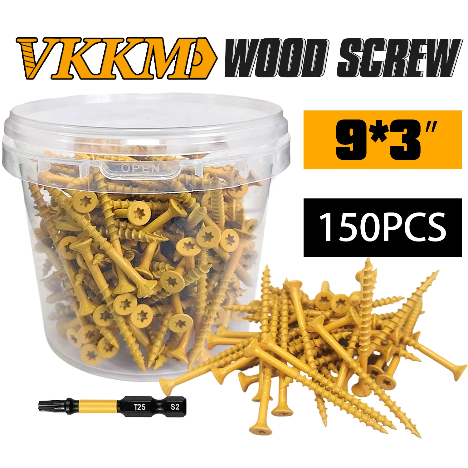 

VKKM #9x3 Phillips Wood Screws 150PCS Yellow Coated - Carbon Steel w/ Free T25 Bit thumb screw pocket hole screws