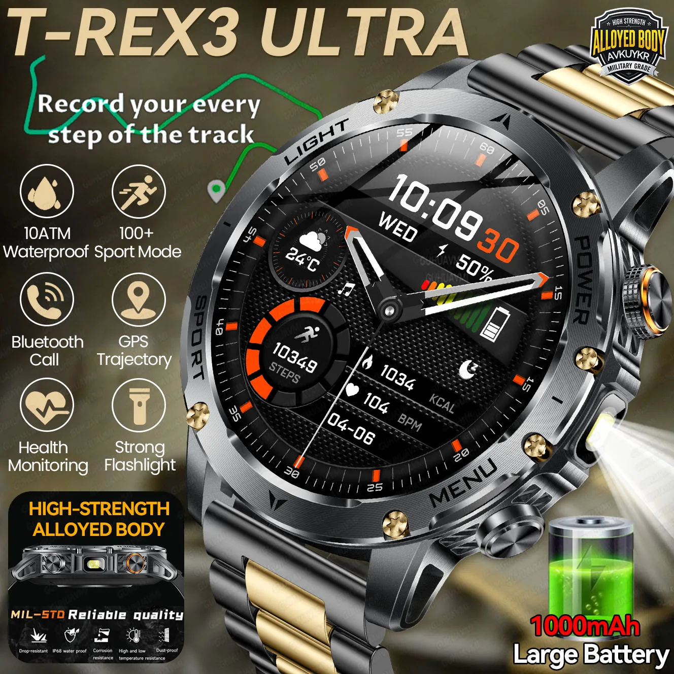 

2026 New T-Rex 3 GPS Military Grade 1000mAh Battery Smart Watch 10ATM Waterproof BT Call AMOLED HD Men Sports Smartwatches IOS