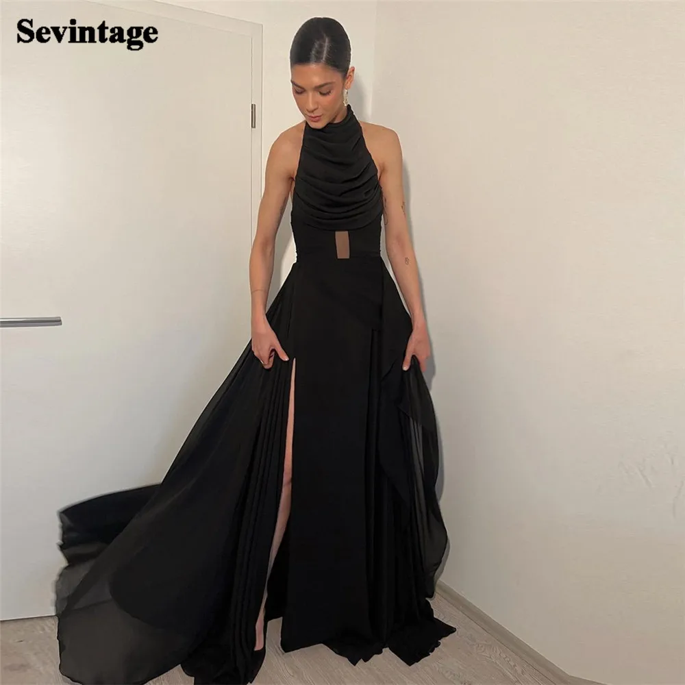 

Sevintage Black Chiffon Evening Dresses Halter Floor Length Formal Prom Party Gowns Pleated High Slit Cut-out Event Party Dress