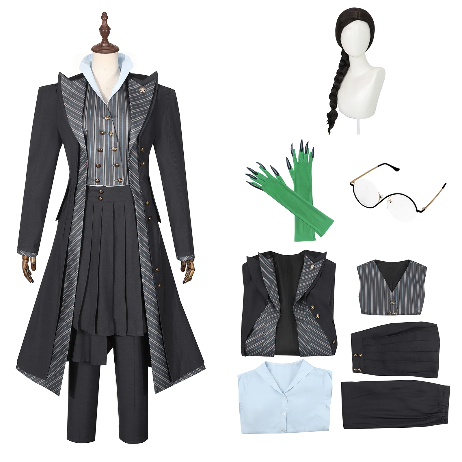 

Witch Elphaba Cosplay Costume Black Striped Windbreaker Musical Girl Shirt Vest Uniform Set with Glasses Gloves Halloween Set